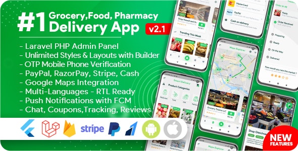 Grocery v2.1.0 - 杂货 食品 药房 商店交付移动应用程序与管理员面板